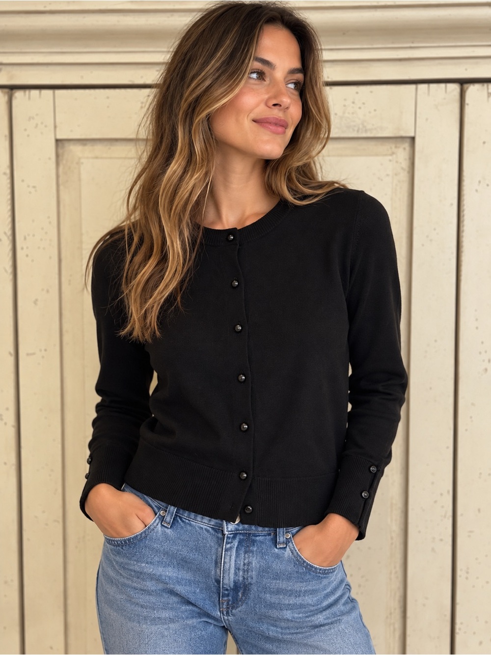 Margaret O'Leary Black 100% Cotton Crewneck Cardigan Sweater Button Cuffs XS